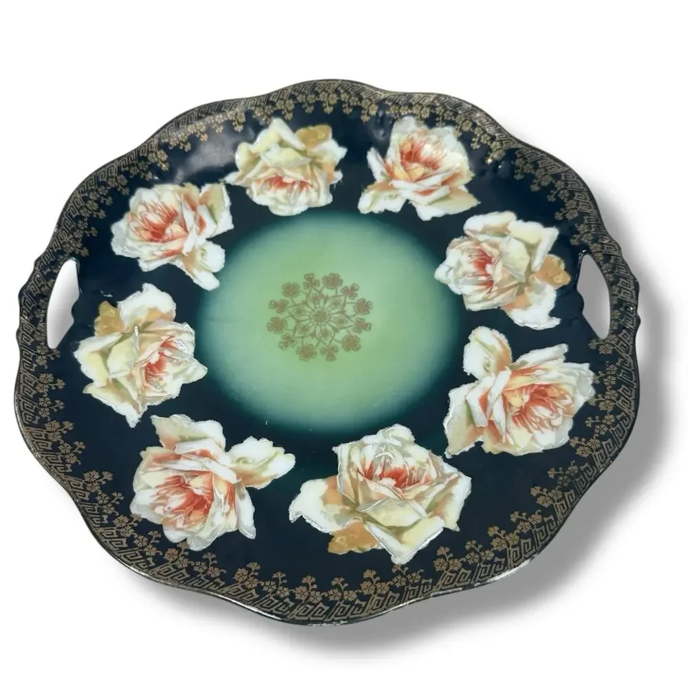 Vintage Mignon Z.S. Bavaria Plate Floral Roses Green Black‎ Gold Handled Serving